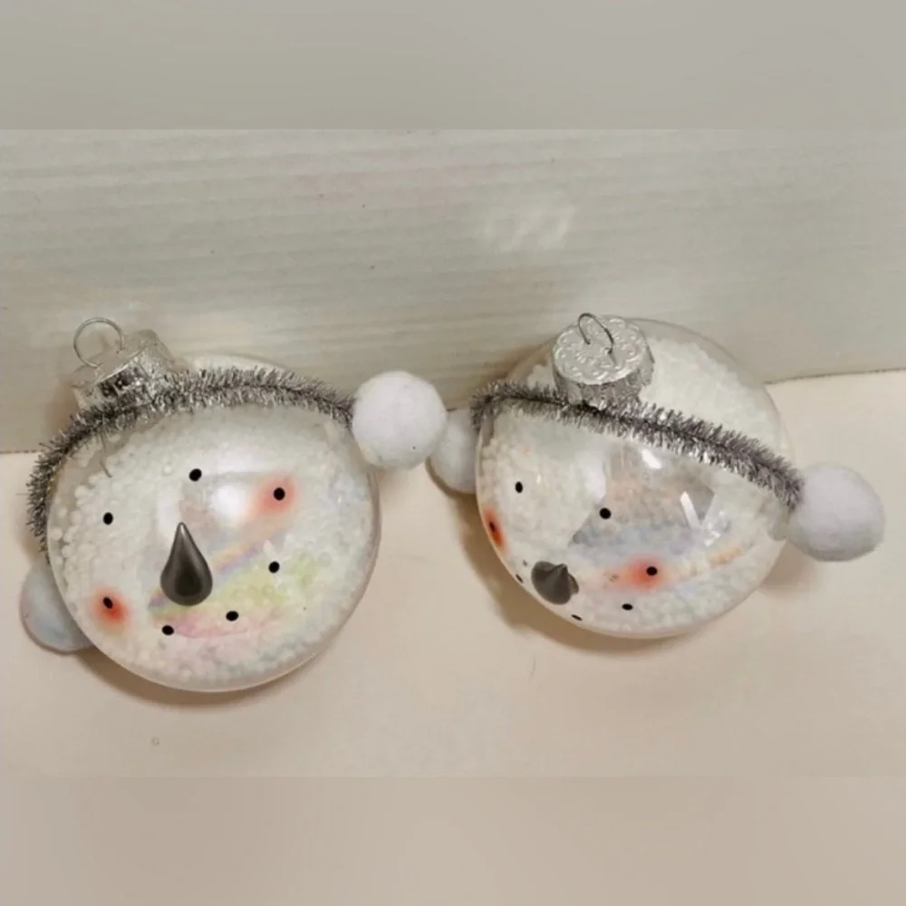 VINTAGE GLASS SNOWMAN’S FACE CHRISTMAS TREE ORNAMENTS (SET OF 2) MINT CONDITION